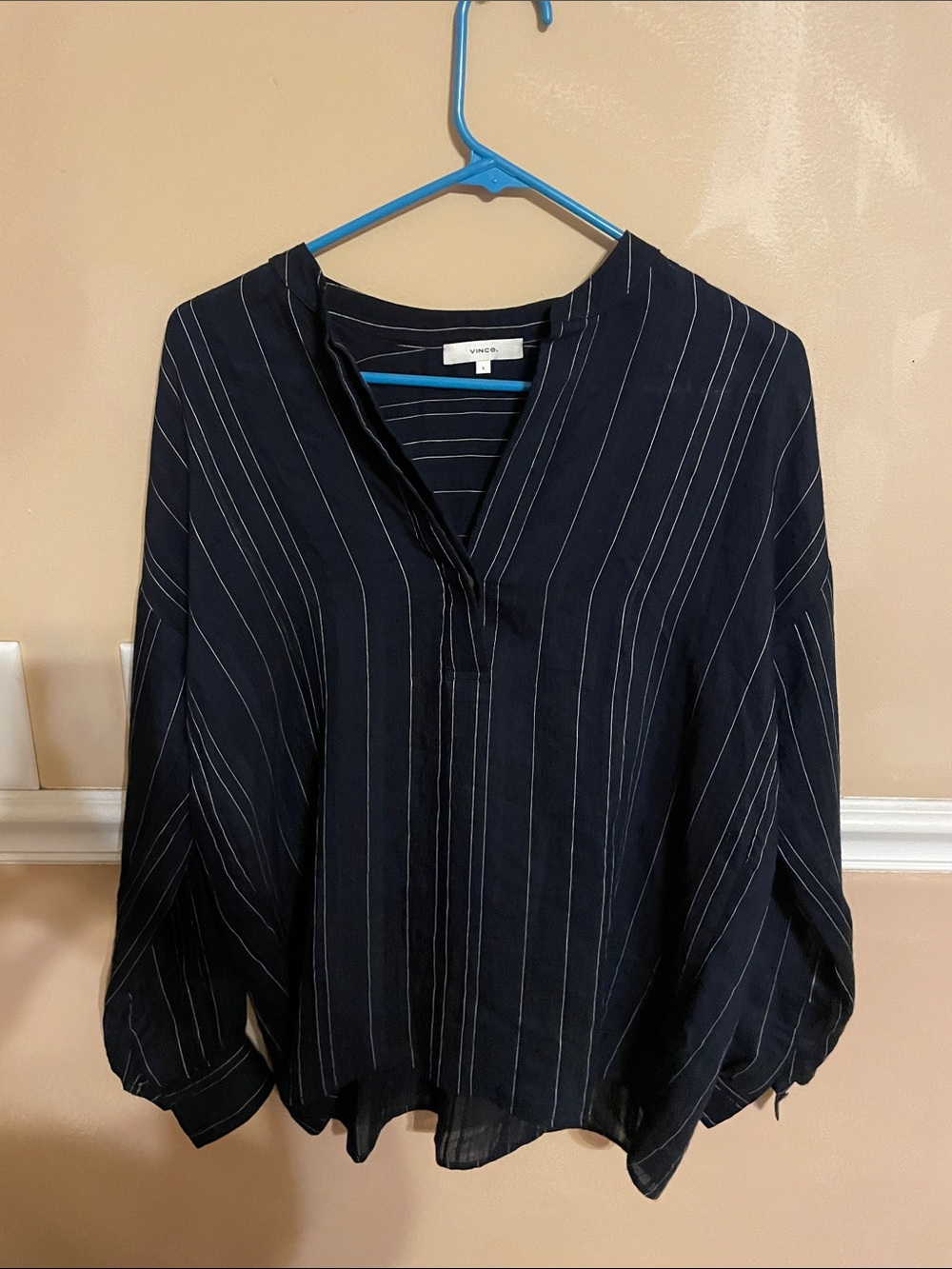 Vince Navy Pinstripe Split-Neck Blouse